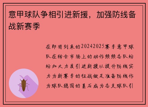意甲球队争相引进新援，加强防线备战新赛季