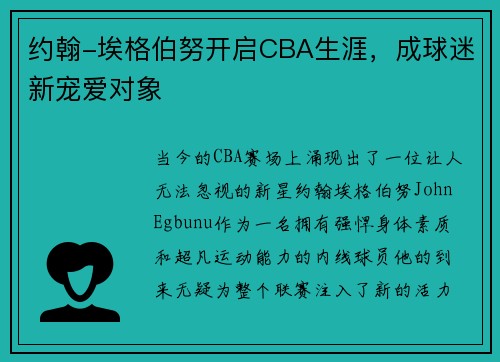 约翰-埃格伯努开启CBA生涯，成球迷新宠爱对象