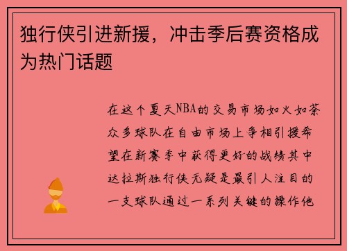 独行侠引进新援，冲击季后赛资格成为热门话题