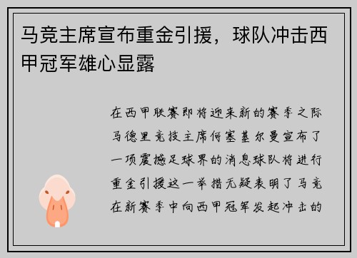 马竞主席宣布重金引援，球队冲击西甲冠军雄心显露